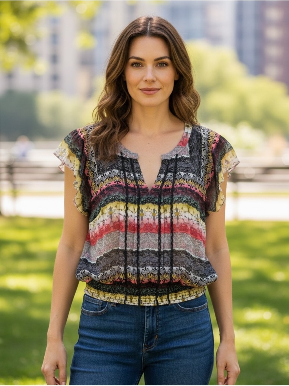 Christopher & Banks Multicolor Striped Flutter-Sleeve Blouson Top
